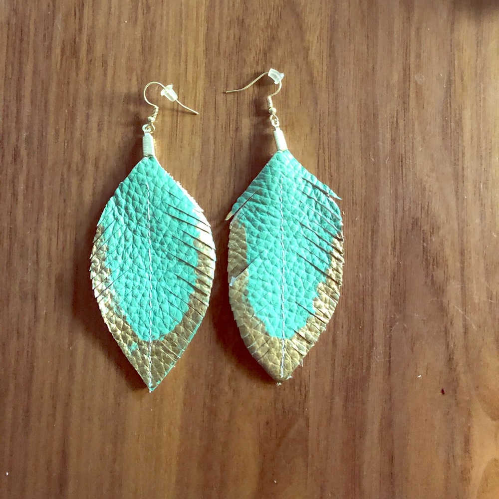 Teal blue leather earrings with gold tips